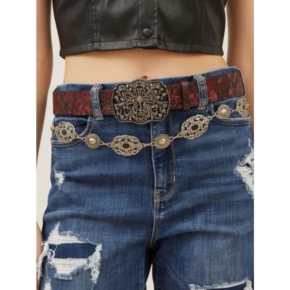 Antique Silver Ornate Black Stone Belt 19-39" NWT